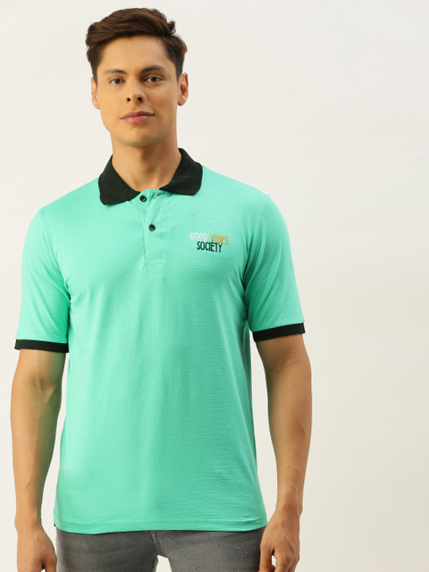 

Campus Sutra Men Sea Green Solid Bio Wash Pure Cotton Polo Collar Pure Cotton T-shirt