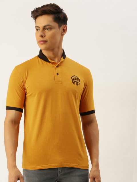 

Campus Sutra Men Mustard Solid Bio Wash Pure Cotton Band Collar Pure Cotton T-shirt