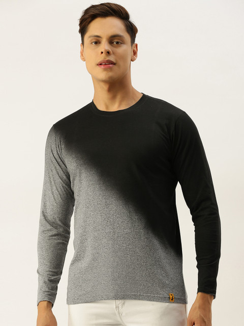 

Campus Sutra Men Grey Melange & Black Ombre Dyed Round Neck T-shirt