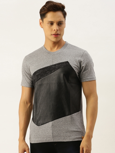 

Campus Sutra Men Grey Colourblocked Cotton Bio-Wash T-shirt with Applique Detail