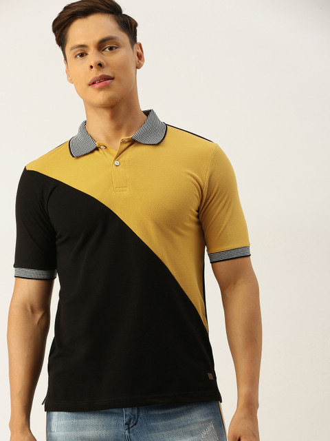 

Campus Sutra Men Mustard Yellow & Black Colourblocked Cotton Polo Collar T-shirt