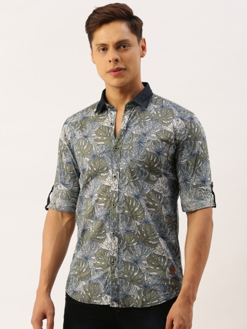 

Campus Sutra Men Green & Blue Regular Fit Tropical Print Cotton Casual Shirt