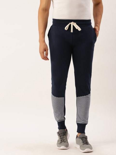 

Campus Sutra Men Navy Blue & White Striped Detail Cotton Outdoor Joggers