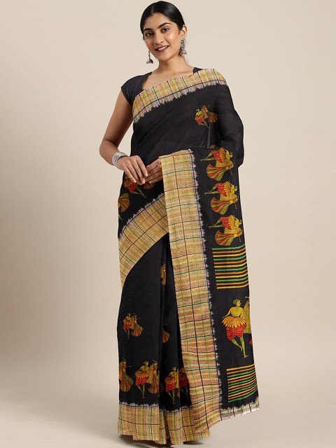 

KALINI Black & Yellow Cotton Blend Printed Taant Saree