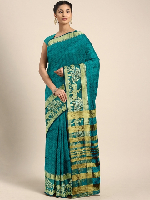 

KALINI Teal Blue & Golden Woven Design Banarasi Saree