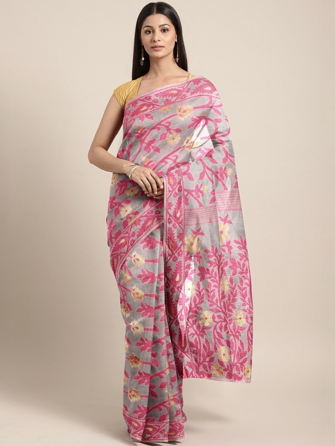 

KALINI Grey & Pink Floral Printed Jamdani Saree