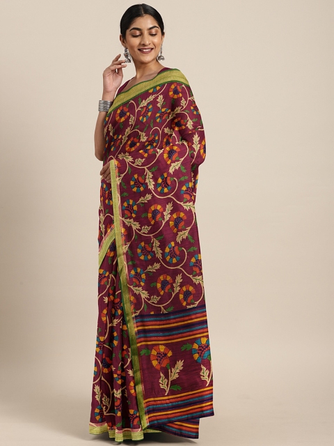 

KALINI Maroon & Yellow Silk Cotton Printed Kanjeevaram Saree