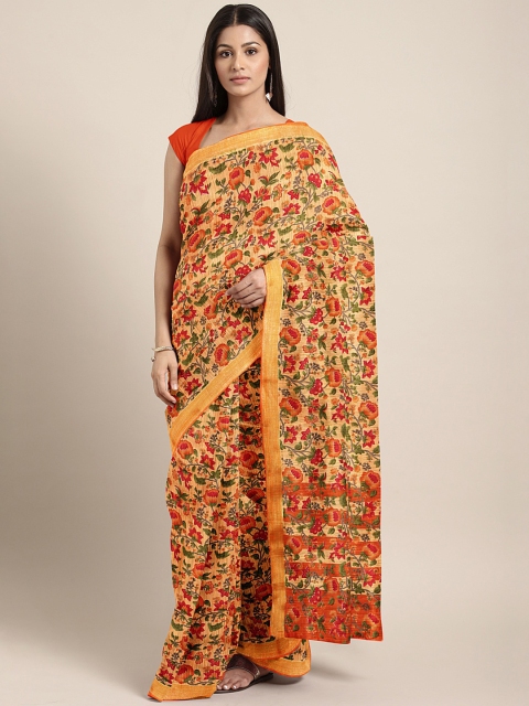 

KALINI Yellow & Red Silk Cotton Floral Printed Kanjeevaram Saree