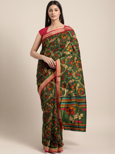 

KALINI Olive Green & Beige Printed Kanjeevaram Saree