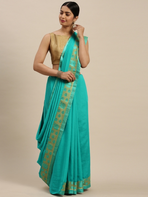 

Indian Women Sea Green Solid Ready to Wear Saree