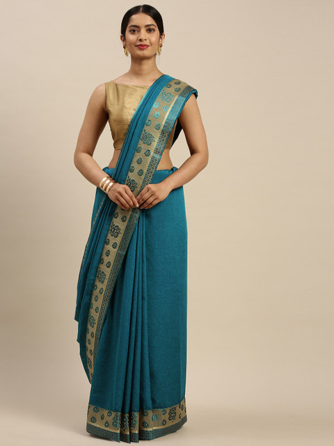 

Indian Women Teal Blue Solid Saree