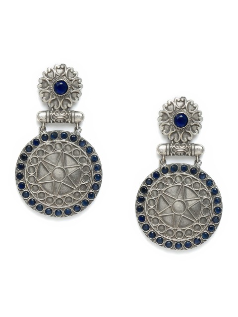 

Natures Buggy Oxidised Silver-Toned & Navy Blue Circular Drop Earrings