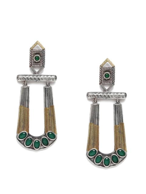 

Natures Buggy Silver-Toned & Green Oxidised Classic Drop Earrings