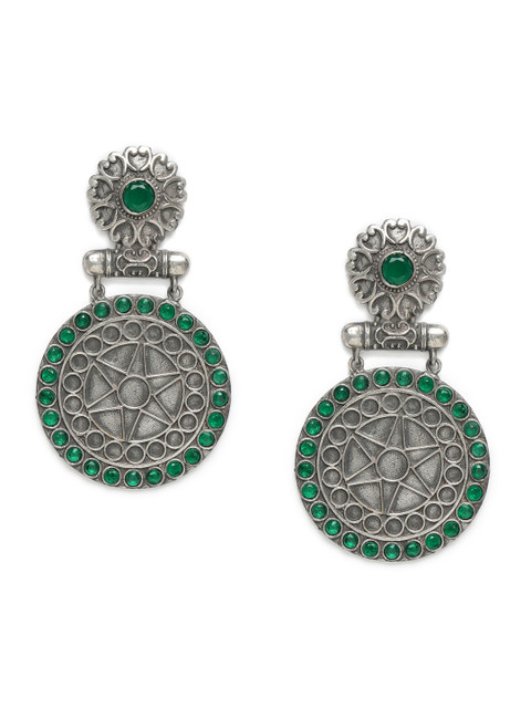 

Natures Buggy Oxidised Silver-Toned & Green Circular Drop Earrings