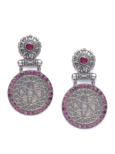 

Natures Buggy Oxidised Silver-Toned & Pink Circular Drop Earrings