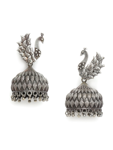 

Natures Buggy Oxidised Silver-Toned Peacock Shaped Jhumkas