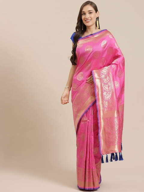 

Mitera Pink & Golden Silk Blend Woven Design Banarasi Saree