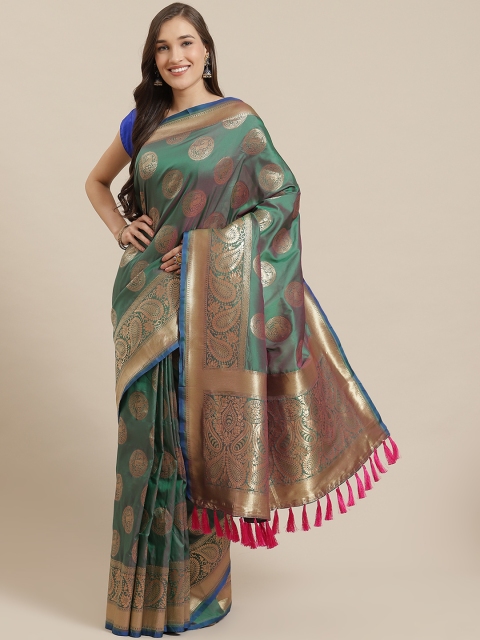

Mitera Green & Golden Silk Blend Woven Design Banarasi Saree