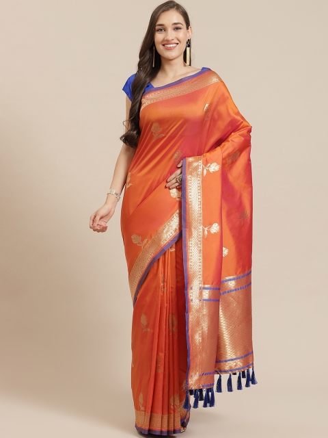 

Mitera Orange & Purple Silk Blend Woven Design Banarasi Saree
