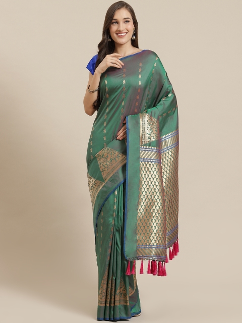

Mitera Green & Golden Silk Blend Woven Design Banarasi Saree