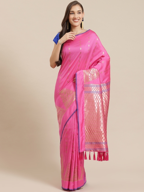 

Mitera Pink & Golden Silk Blend Woven Design Banarasi Saree