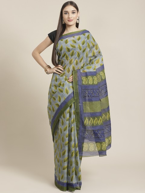 

KALINI Grey & Green Pure Cotton Leaf Printed Saree