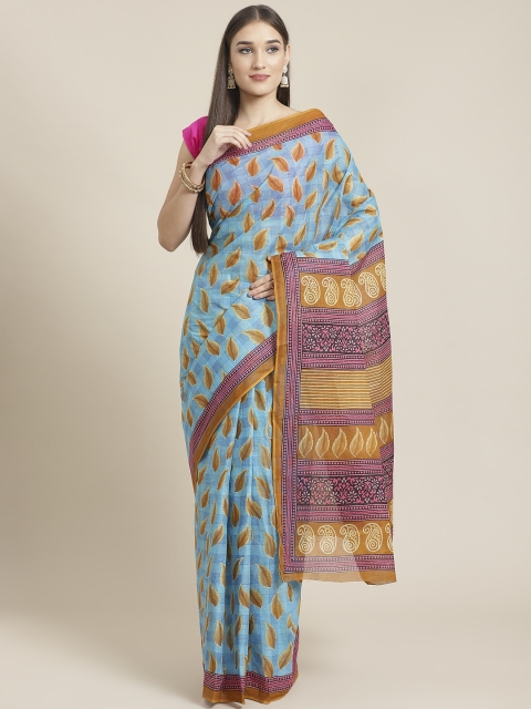 

KALINI Blue & Mustard Brown Pure Cotton Leaf Printed Saree