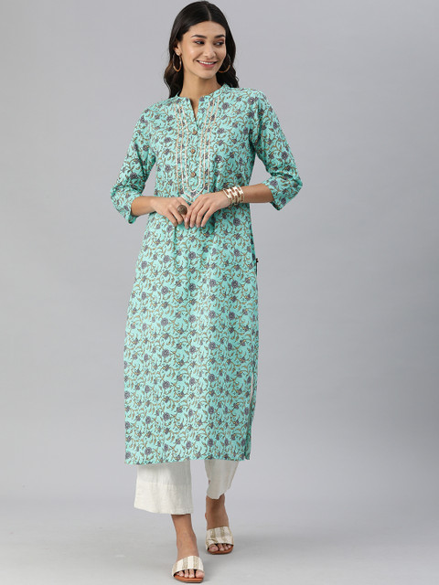 

KSUT Women Blue & Purple Ethnic Motifs Screen Print Mandarin Collar Pure Cotton Kurta