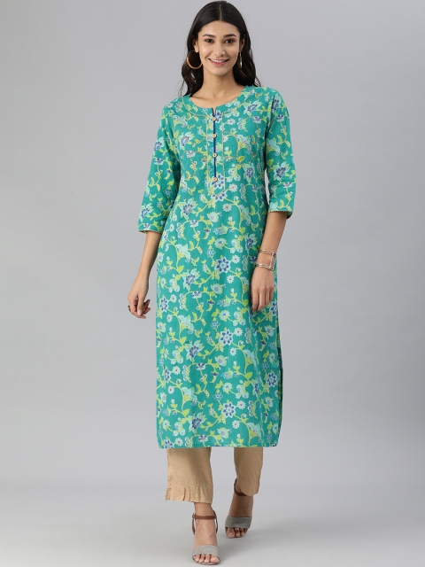 

KSUT Women Green & Blue Ethnic Motifs Screen Print Sequinned Pure Cotton Straight Kurta