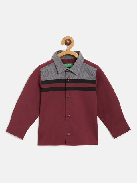 

United Colors of Benetton Boys Burgundy & Grey Regular Fit Colourblocked Partywear Shirt