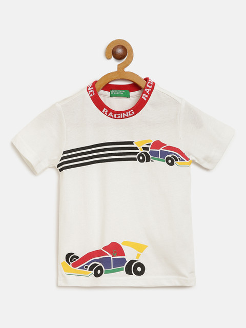 

United Colors of Benetton Boys White Black Pure Cotton Racing Car Print Pure Cotton T-shirt