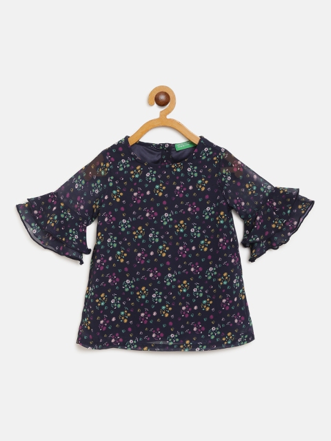 

United Colors of Benetton Girls Navy Blue & Green Floral Print A-Line Dress