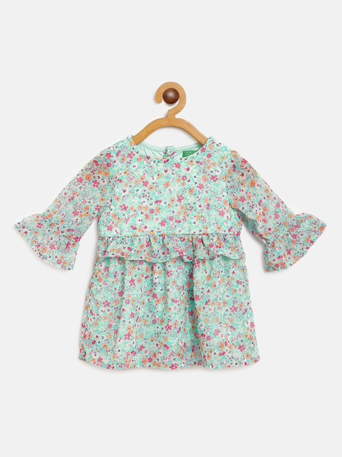 

United Colors of Benetton Girls Green & Pink Floral Print A-Line Dress