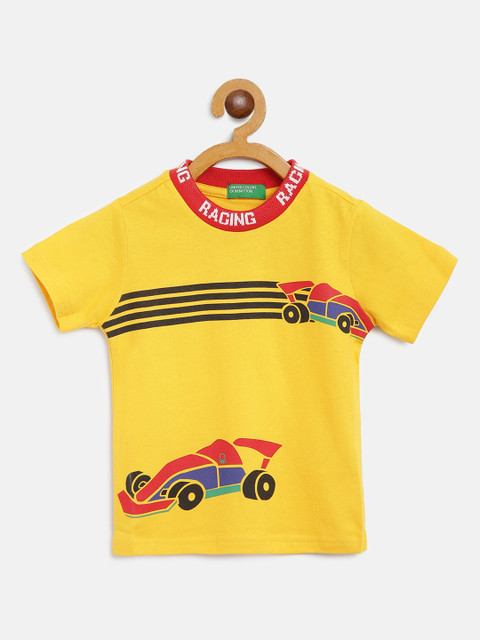 

United Colors of Benetton Boys Mustard Yellow Black Pure Cotton Racing Car Print Pure Cotton T-shirt
