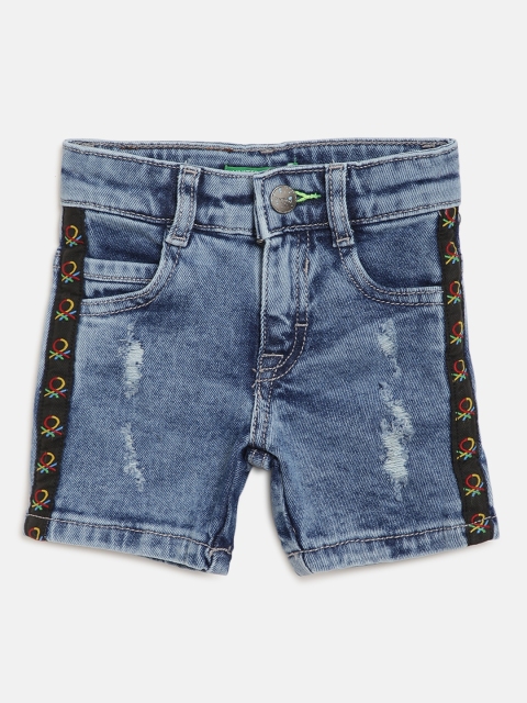 

United Colors of Benetton Boys Blue Washed Distressed Denim Shorts with Brand Logo Taping
