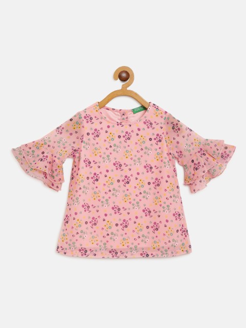 

United Colors of Benetton Girls Pink & Yellow Floral Print A-Line Dress