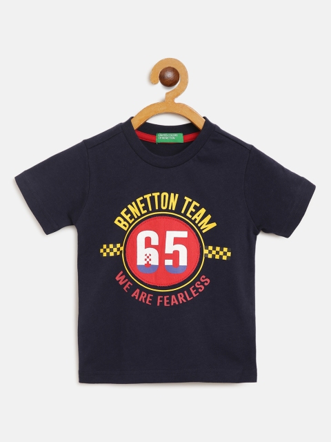 

United Colors of Benetton Boys Navy Red Pure Cotton Varsity Brand Logo Print Pure Cotton T-shirt, Navy blue