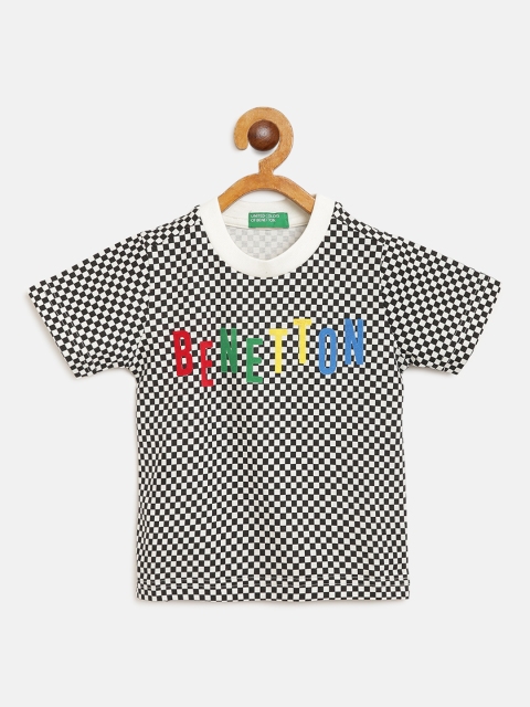 

United Colors of Benetton Boys Black White Pure Cotton Checked Round Neck Pure Cotton T-shirt