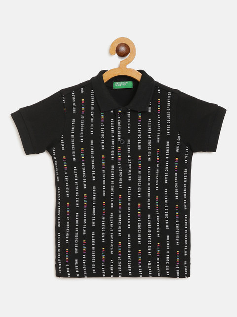 

United Colors of Benetton Boys Black & White Cotton Brand Logo Print Polo Collar T-shirt
