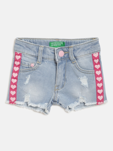 

United Colors of Benetton Girls Blue Washed Regular Fit Distressed Denim Shorts