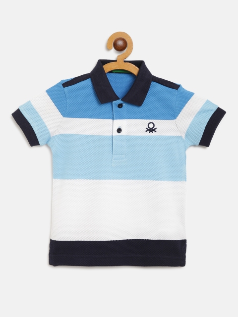 

United Colors of Benetton Boys Blue White Pure Cotton Striped Polo Collar Pure Cotton T-shirt