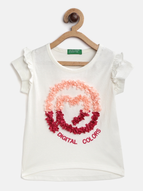 

United Colors of Benetton Girls Off-White & Coral Pink Pure Cotton Applique Top