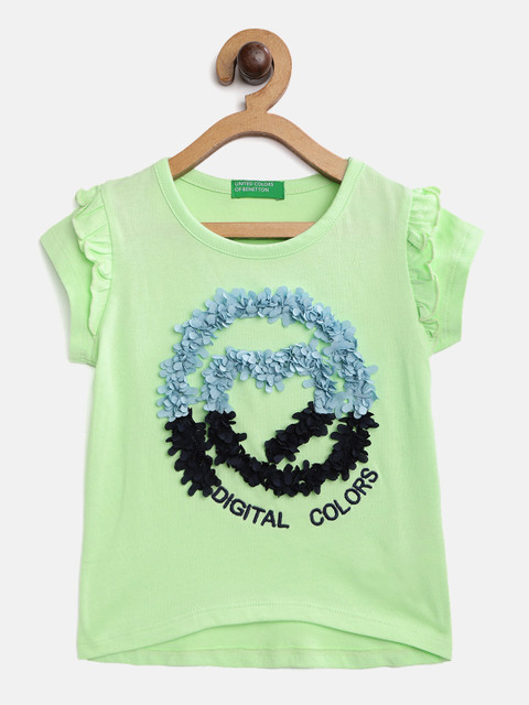 

United Colors of Benetton Girls Green & Blue Pure Cotton Applique Top