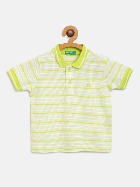 

United Colors of Benetton Boys Fluorescent Green & White Cotton Striped Polo T-shirt
