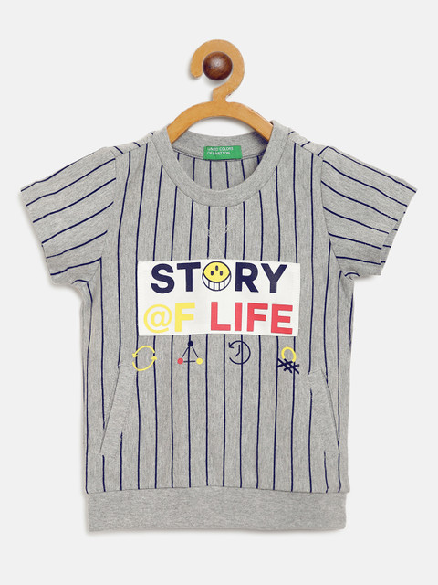 

United Colors of Benetton Boys Grey Melange & Navy Pure Cotton Striped Round Neck T-shirt