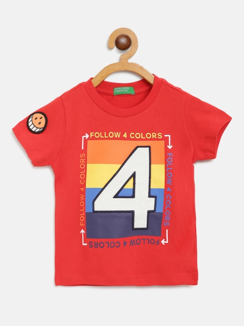 

United Colors of Benetton Boys Red Pure Cotton Printed Round Neck Applique Detail T-shirt
