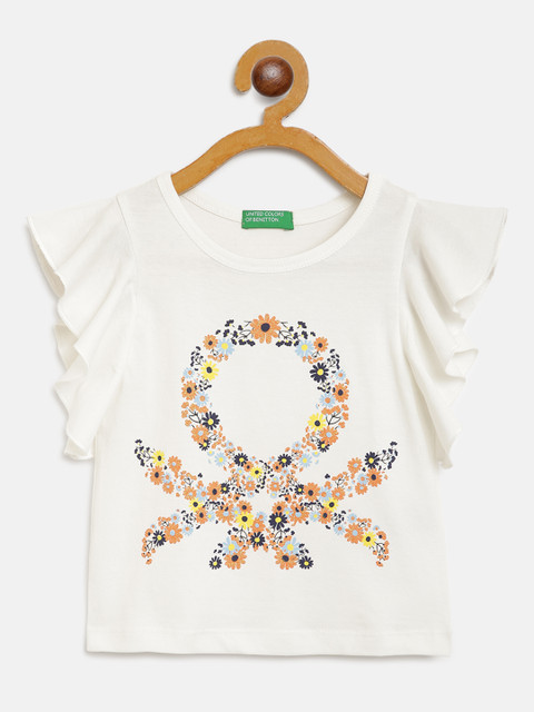

United Colors of Benetton Girls White & Coral Orange Pure Cotton Brand Logo Print Top
