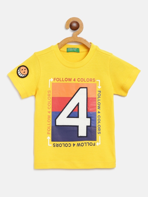 

United Colors of Benetton Boys Yellow & Navy Pure Cotton Varsity Print Round Neck T-shirt