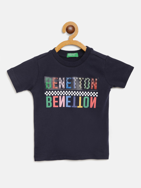 

United Colors of Benetton Boys Navy Pink Pure Cotton Brand Logo Print Pure Cotton T-shirt, Navy blue