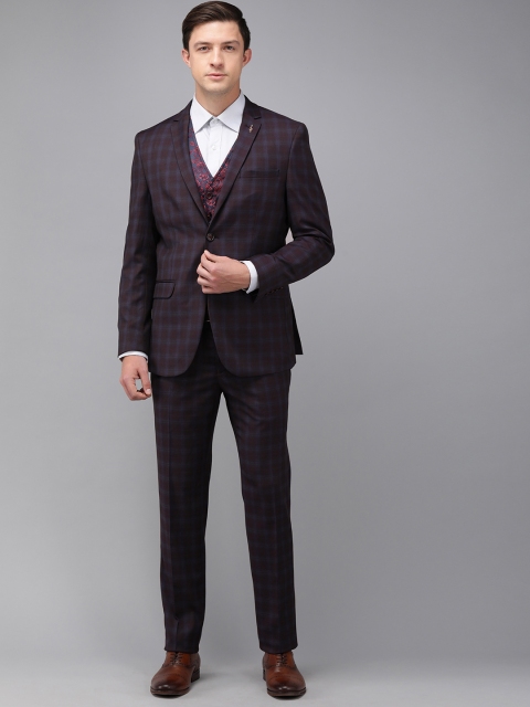 

Van Heusen Men Navy Blue & Maroon Checked Slim-Fit Formal Suit with 2 Trousers